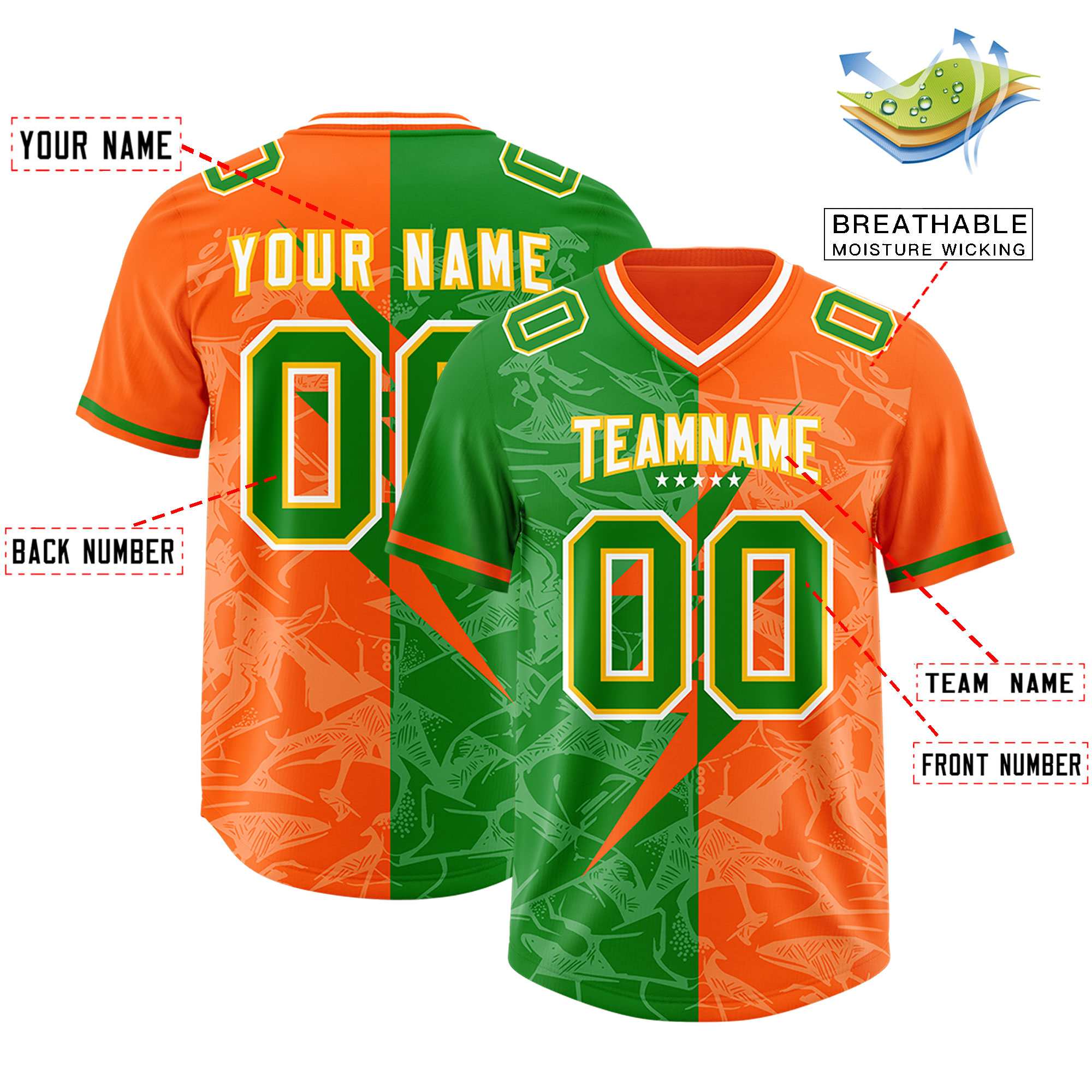 Custom Orange Kelly Green Split Personalized Lightning Pattern American Football Jersey