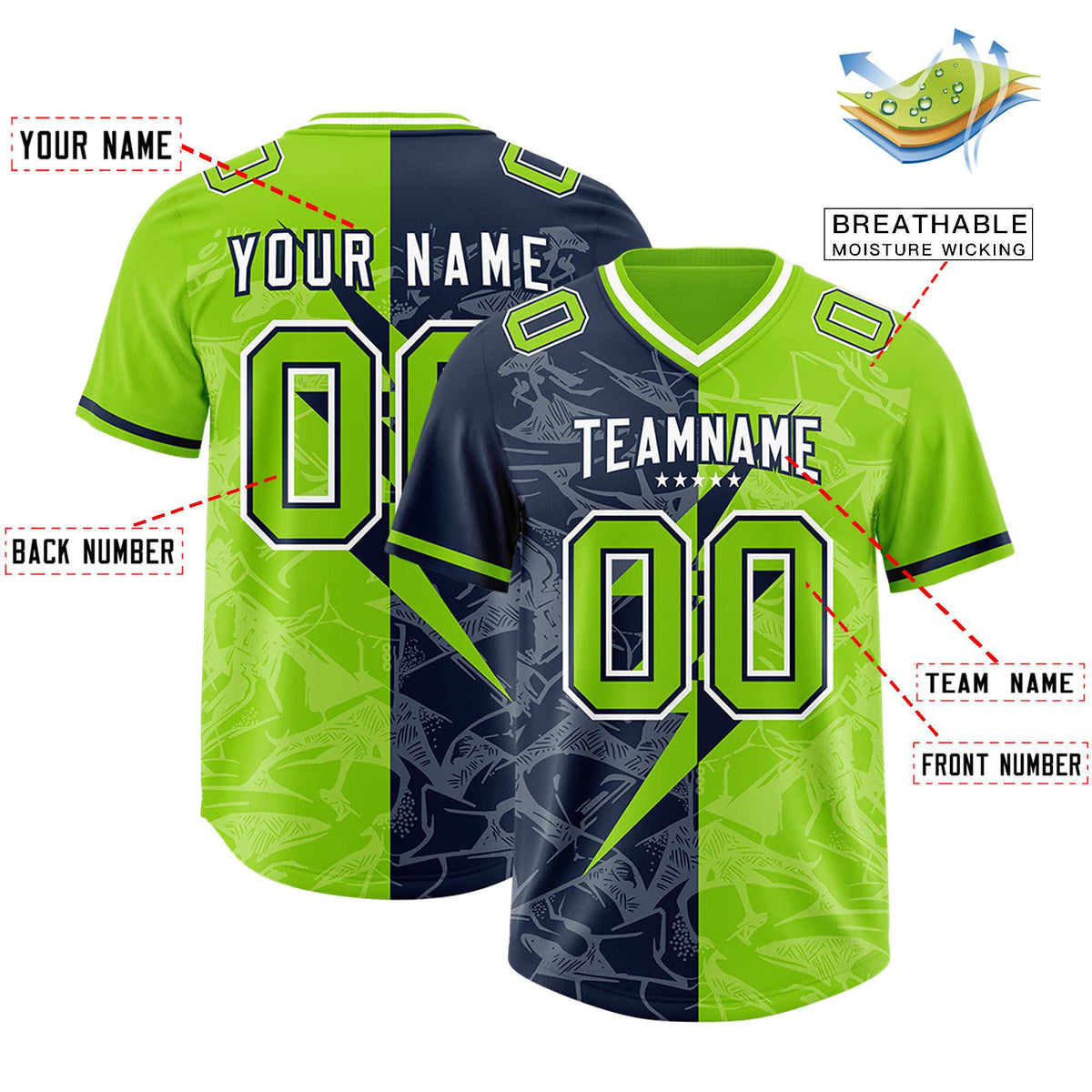 Custom Neon Green Navy Split Personalized Lightning Pattern American Football Jersey