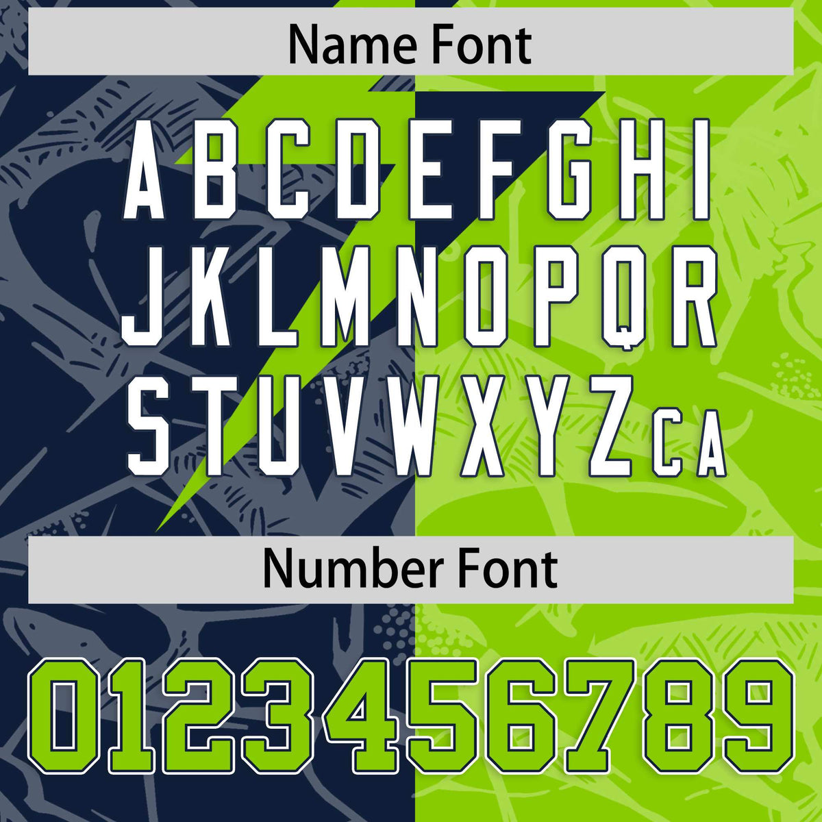 Custom Neon Green Navy Split Personalized Lightning Pattern American Football Jersey