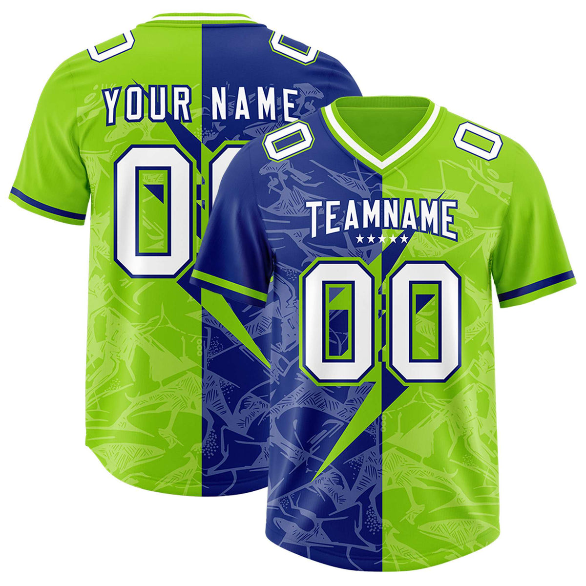 Custom Royal Neon Green Split Personalized Lightning Pattern American Football Jersey