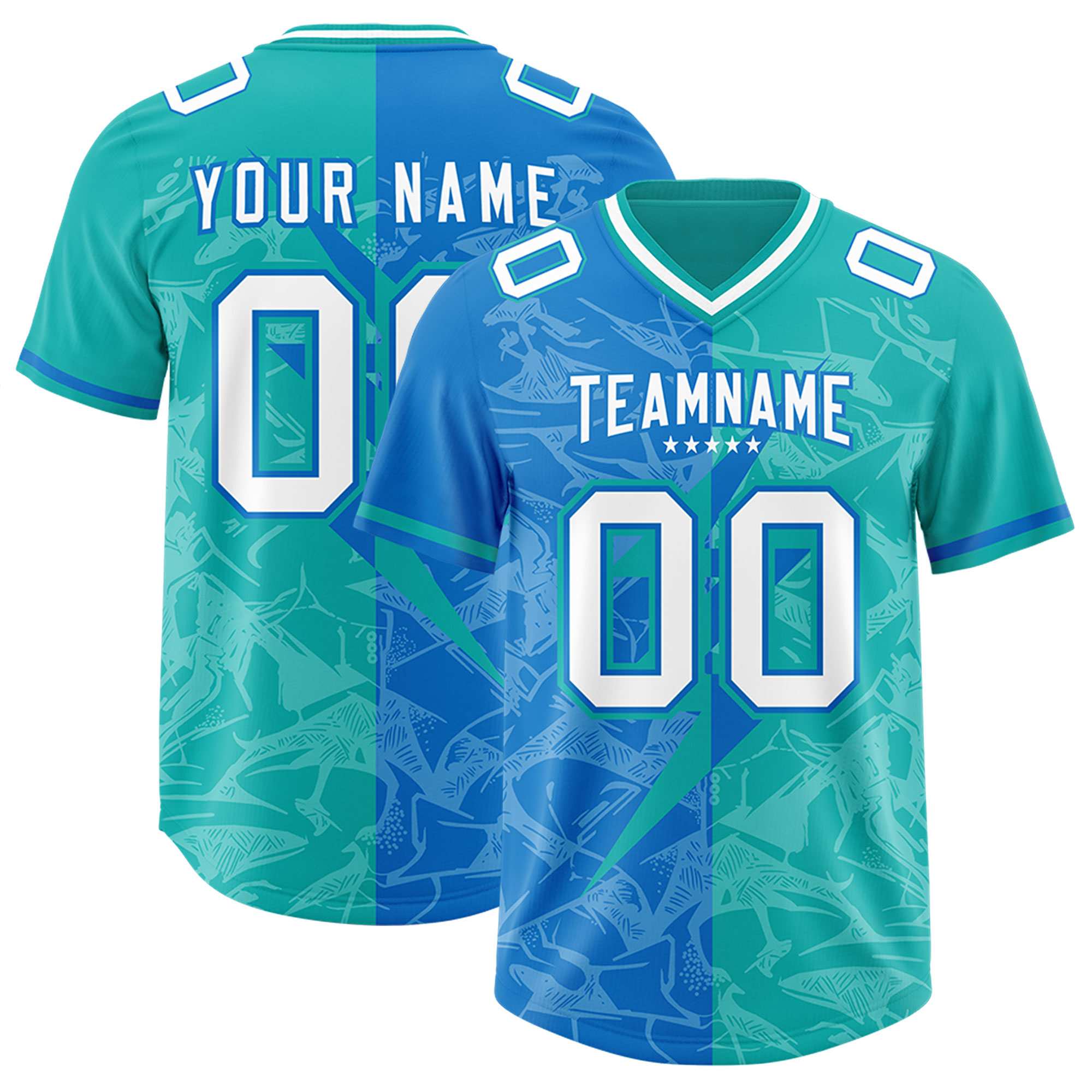 Custom Panther Blue Aqua Split Personalized Lightning Pattern American Football Jersey