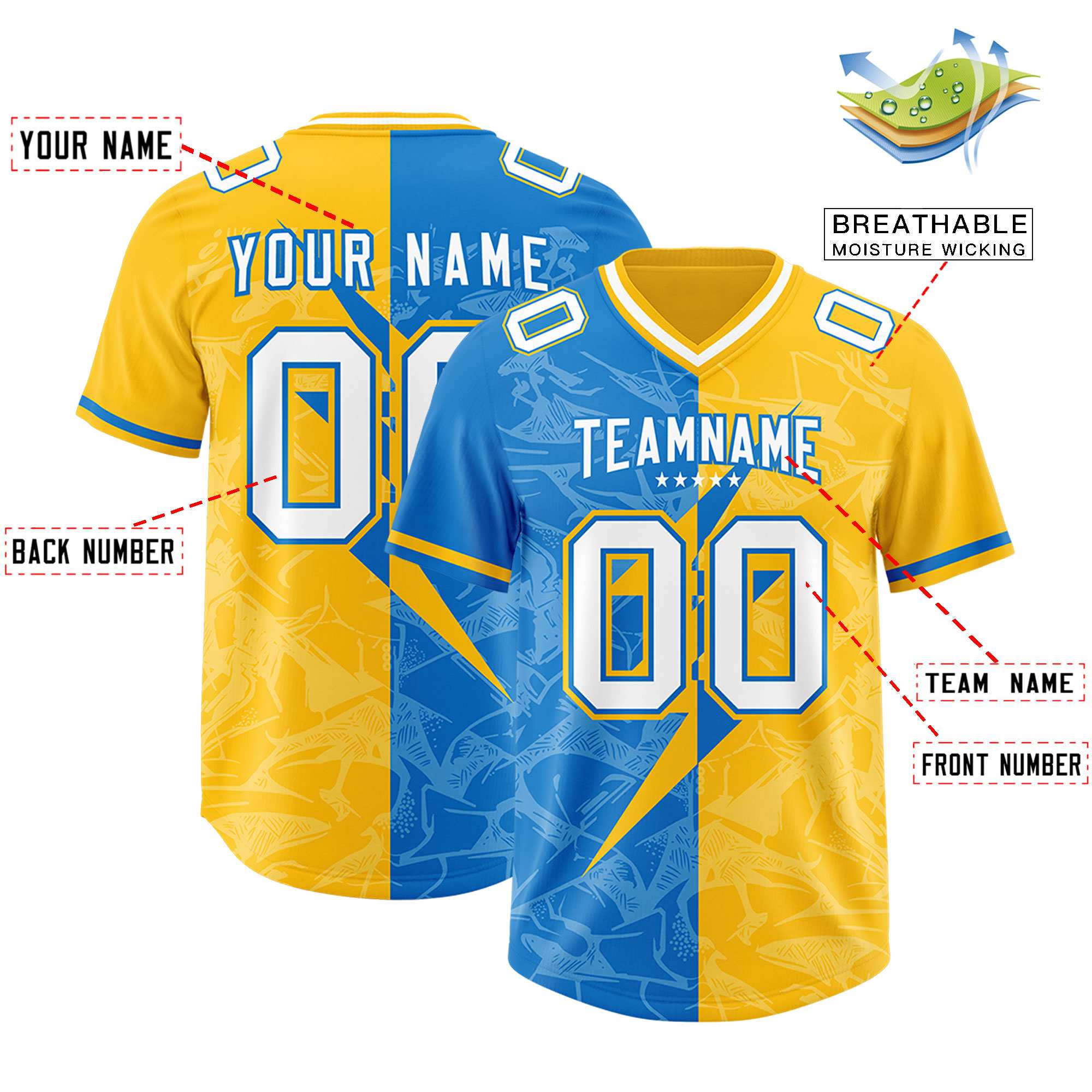 Custom Panther Blue Yellow Split Personalized Lightning Pattern American Football Jersey
