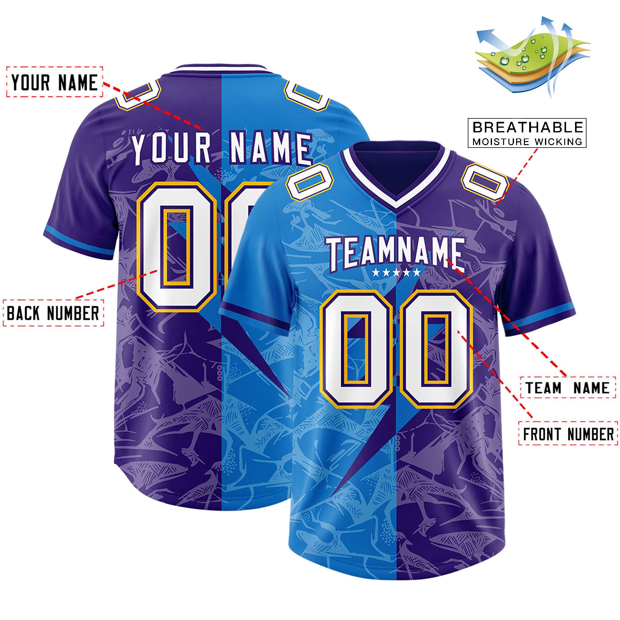 Custom Panther Blue Purple Split Personalized Lightning Pattern American Football Jersey