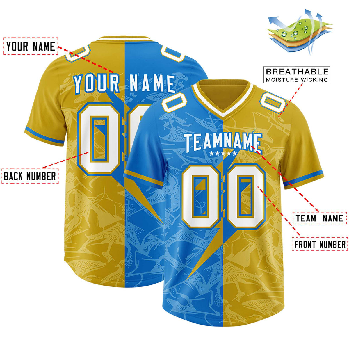 Custom Panther Blue Old Gold Split Personalized Lightning Pattern American Football Jersey