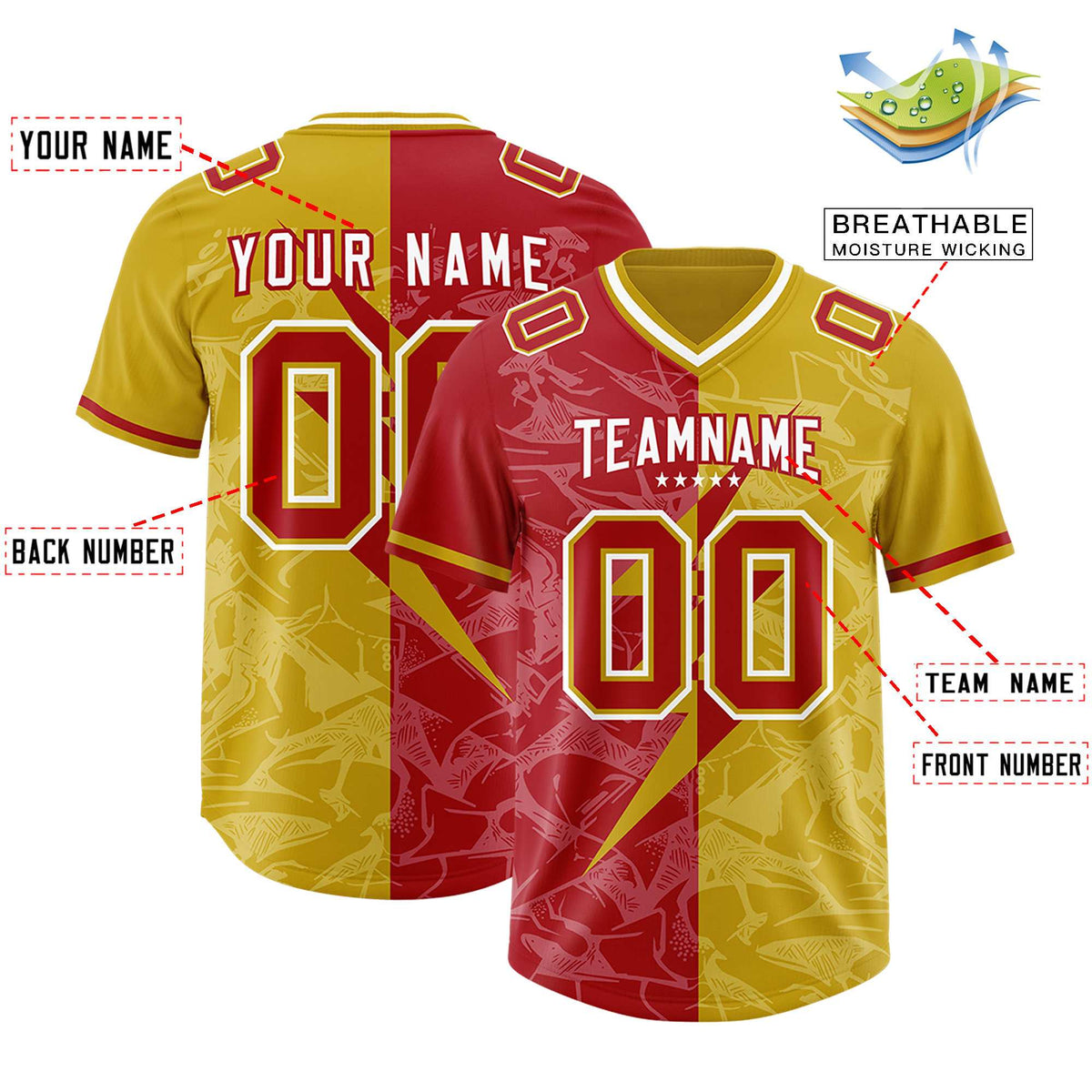 Custom Old Gold Red Split Personalized Lightning Pattern American Football Jersey