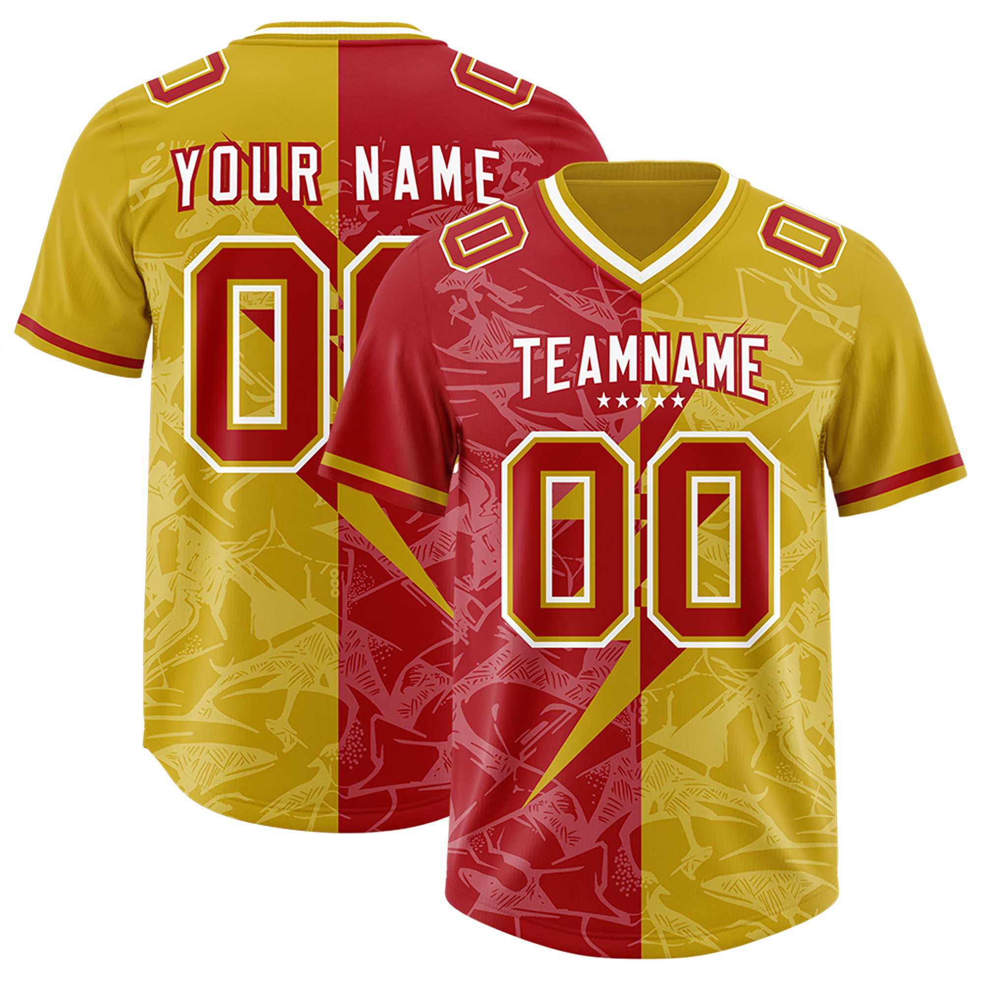 Custom Old Gold Red Split Personalized Lightning Pattern American Football Jersey