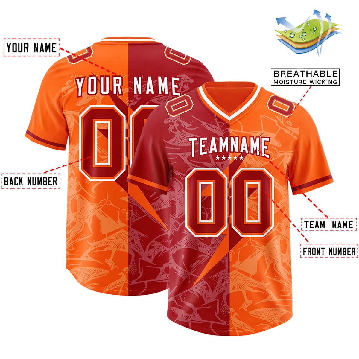 Custom Red Orange Split Personalized Lightning Pattern American Football Jersey