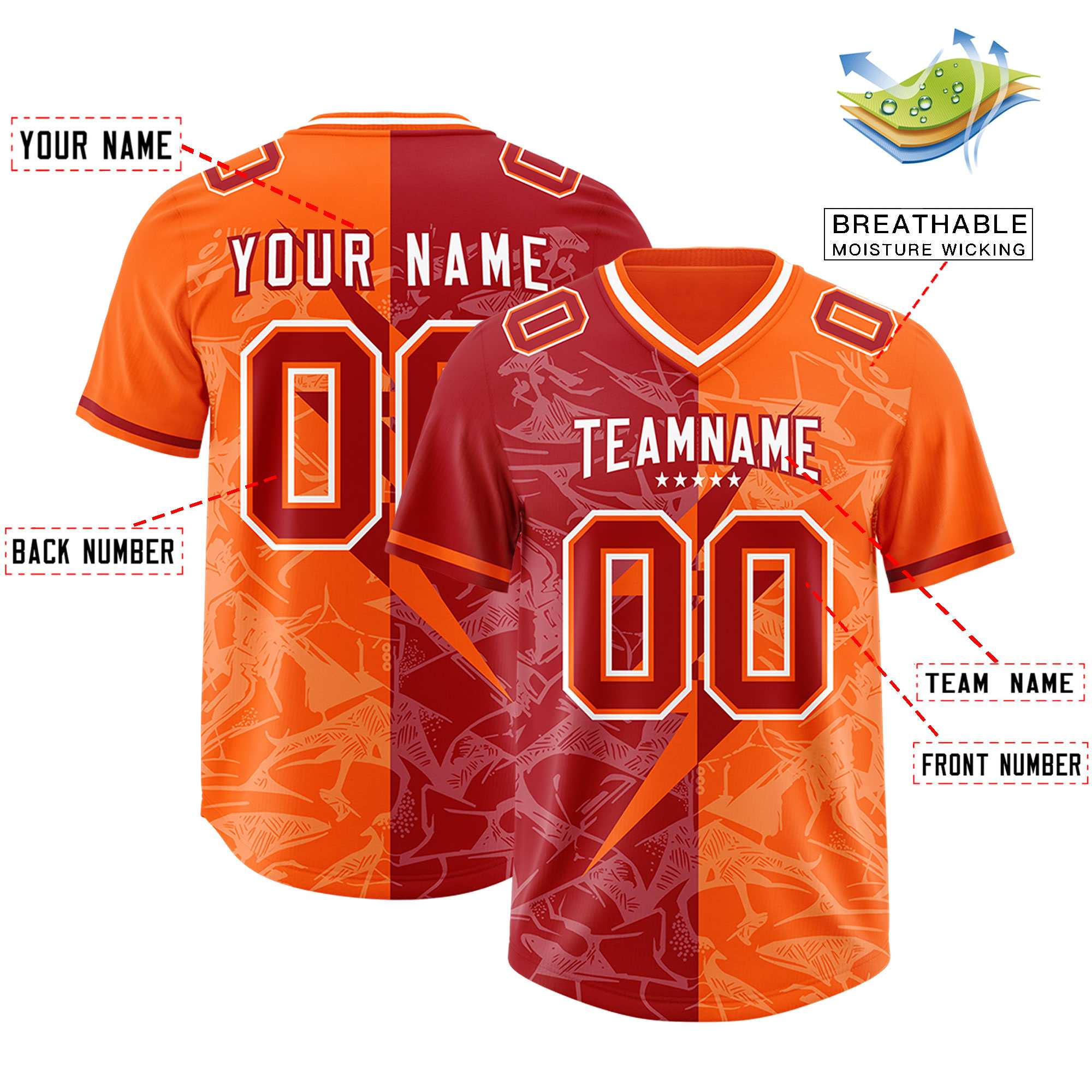 Custom Red Orange Split Personalized Lightning Pattern American Football Jersey