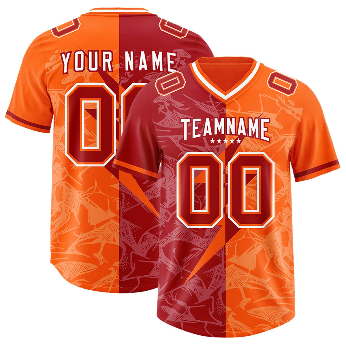 Custom Red Orange Split Personalized Lightning Pattern American Football Jersey