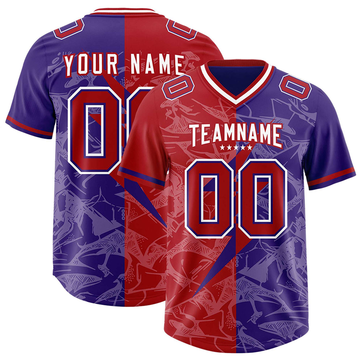 Custom Red Purple Split Personalized Lightning Pattern American Football Jersey