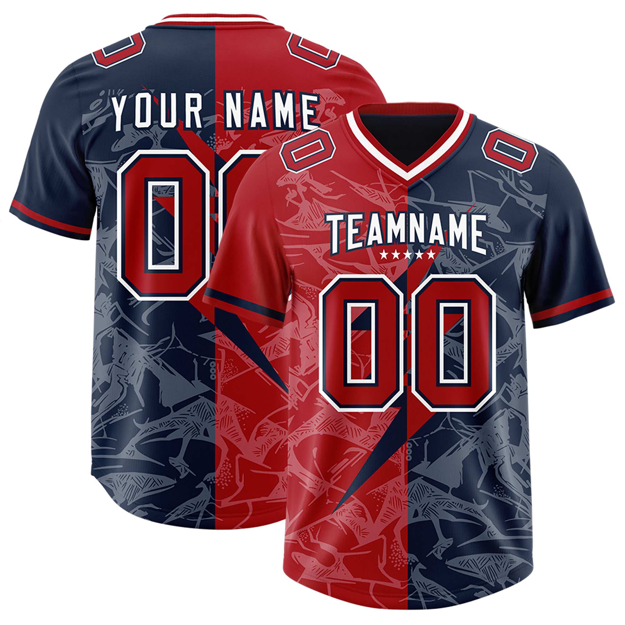 Custom Navy Red Split Personalized Lightning Pattern American Football Jersey