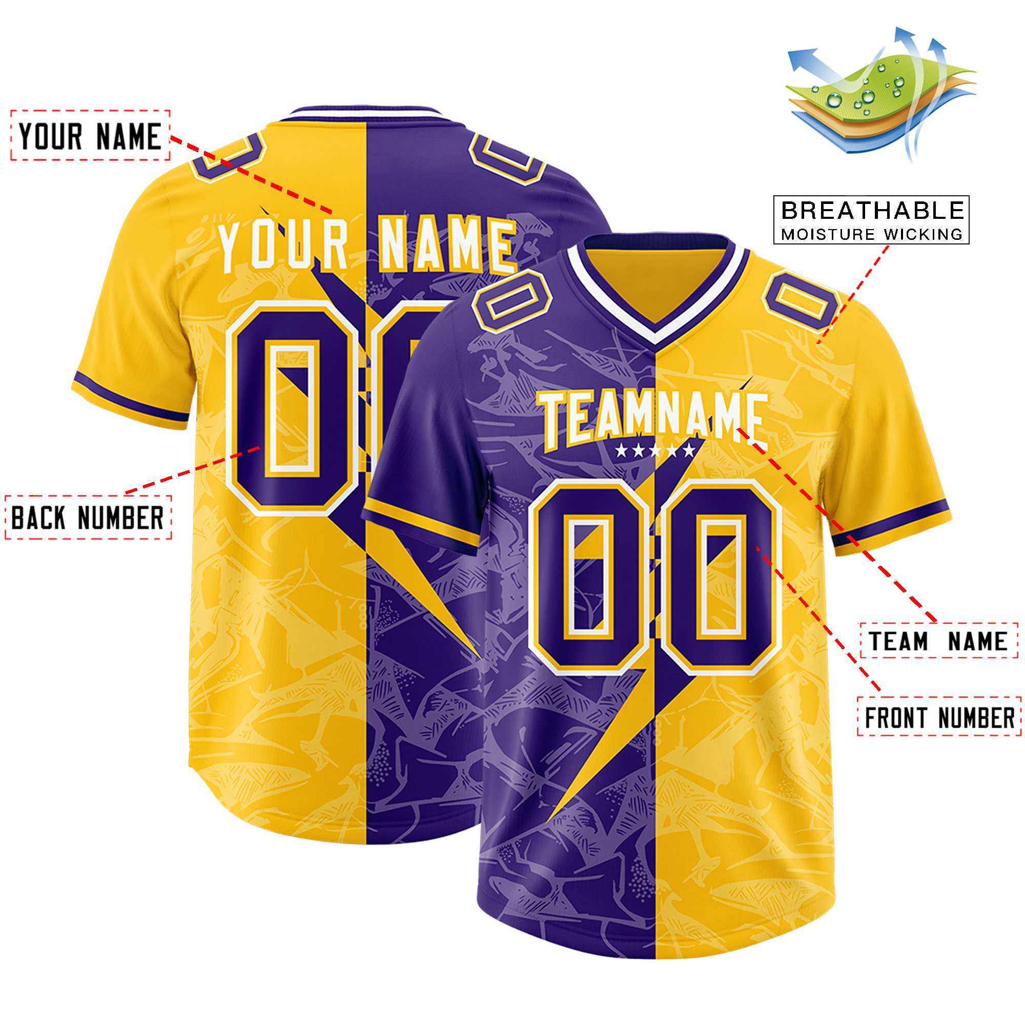 Custom Yellow Purple Split Personalized Lightning Pattern American Football Jersey
