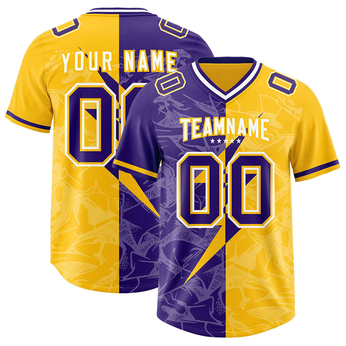 Custom Yellow Purple Split Personalized Lightning Pattern American Football Jersey