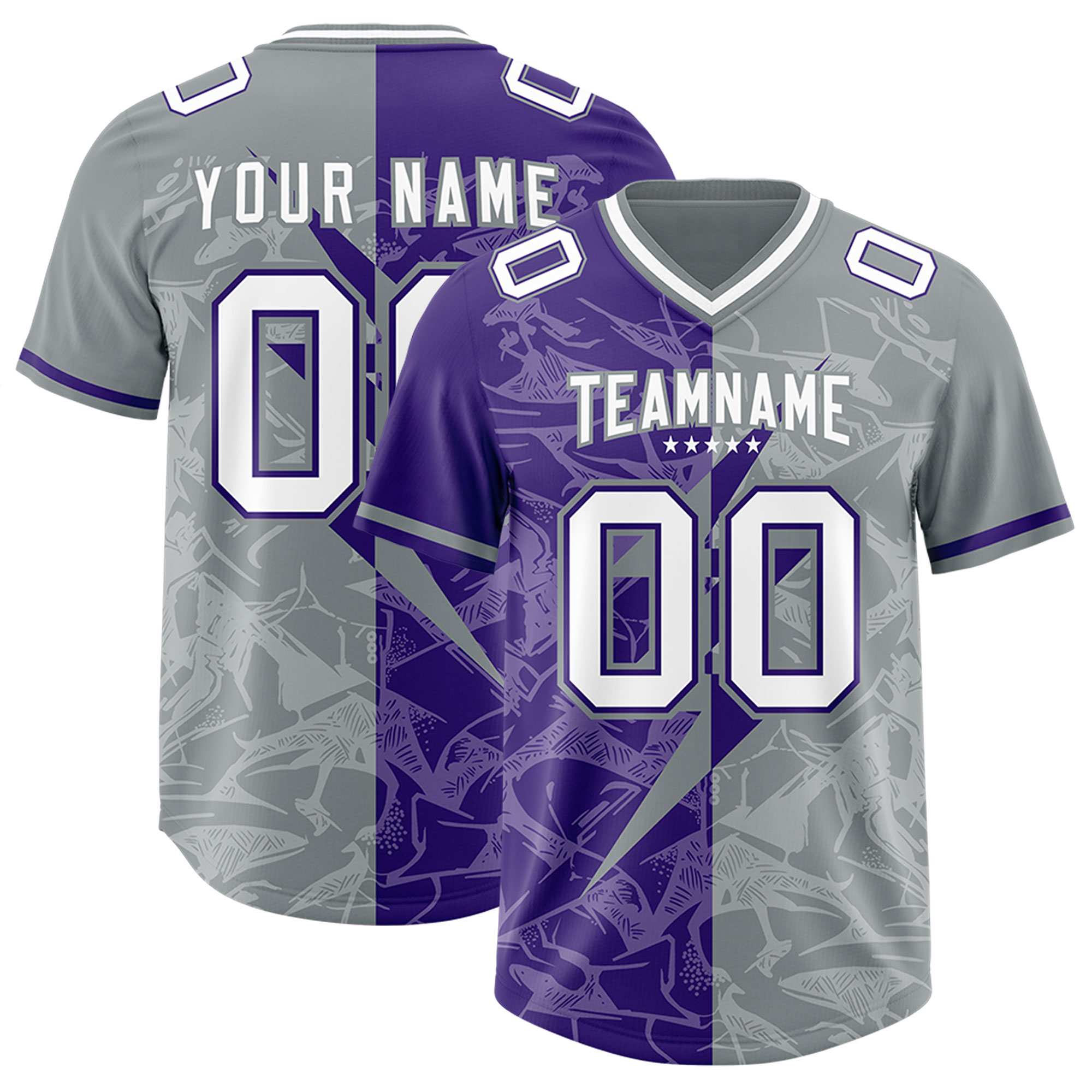 Custom Purple Gray Split Personalized Lightning Pattern American Football Jersey