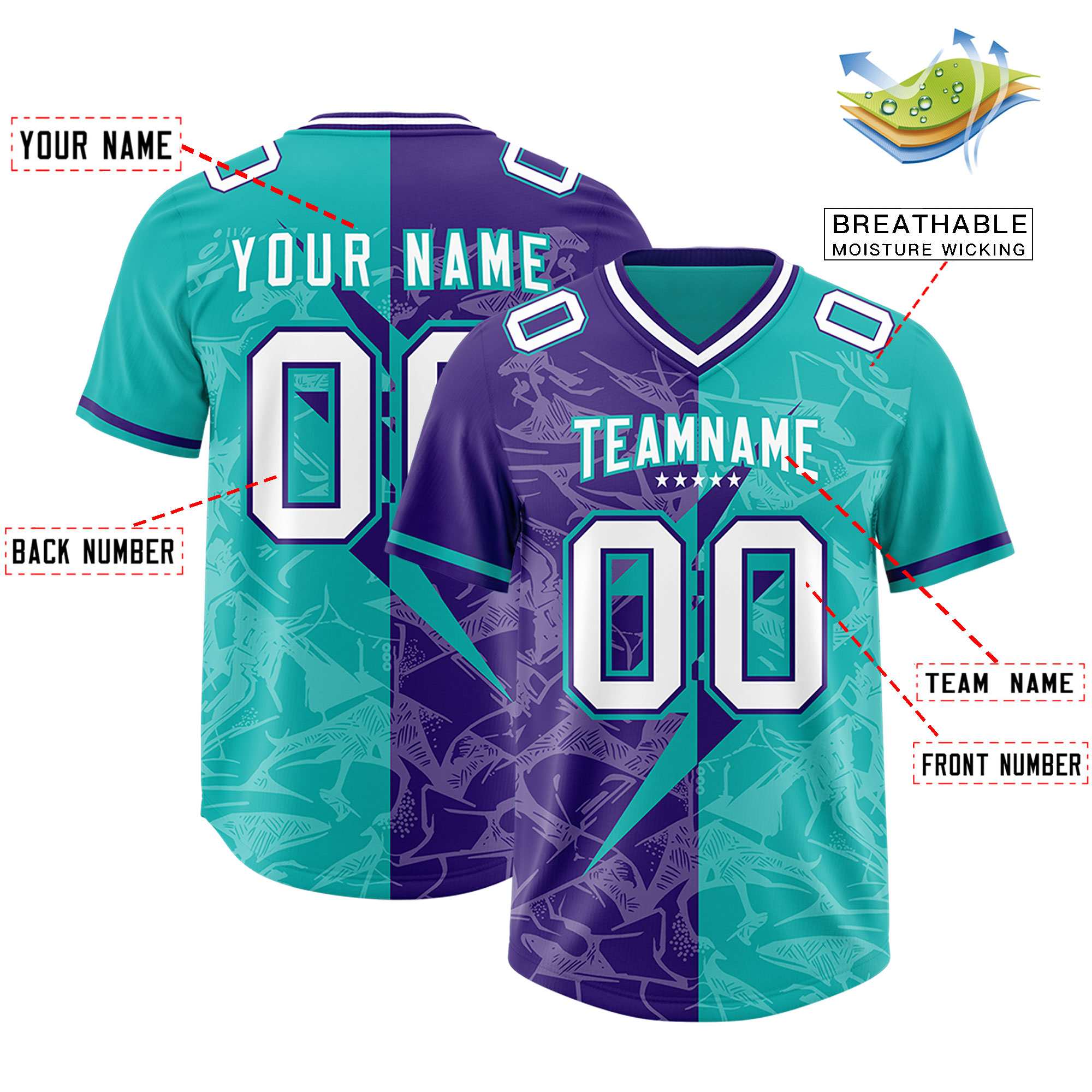 Custom Aqua Purple Split Personalized Lightning Pattern American Football Jersey