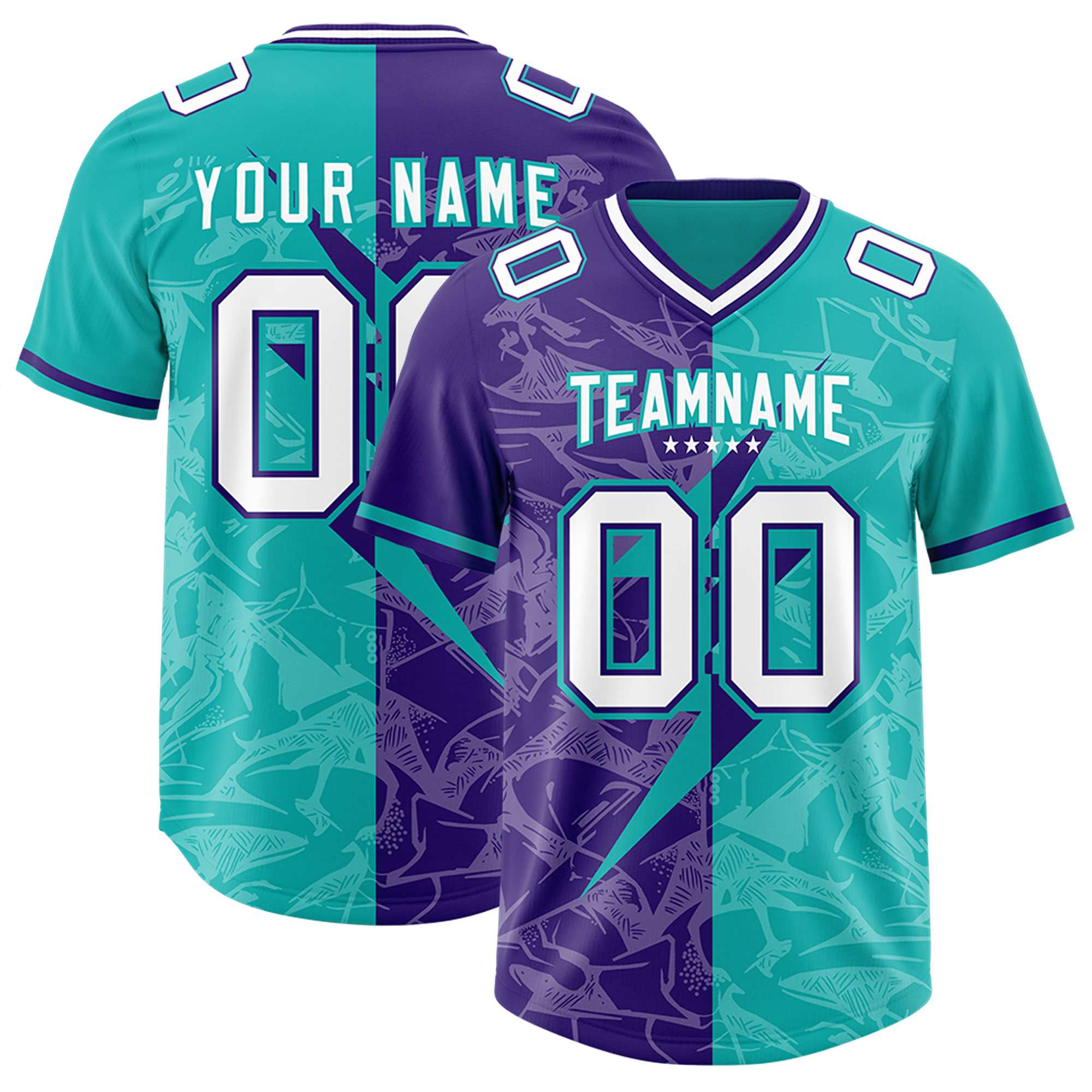 Custom Aqua Purple Split Personalized Lightning Pattern American Football Jersey