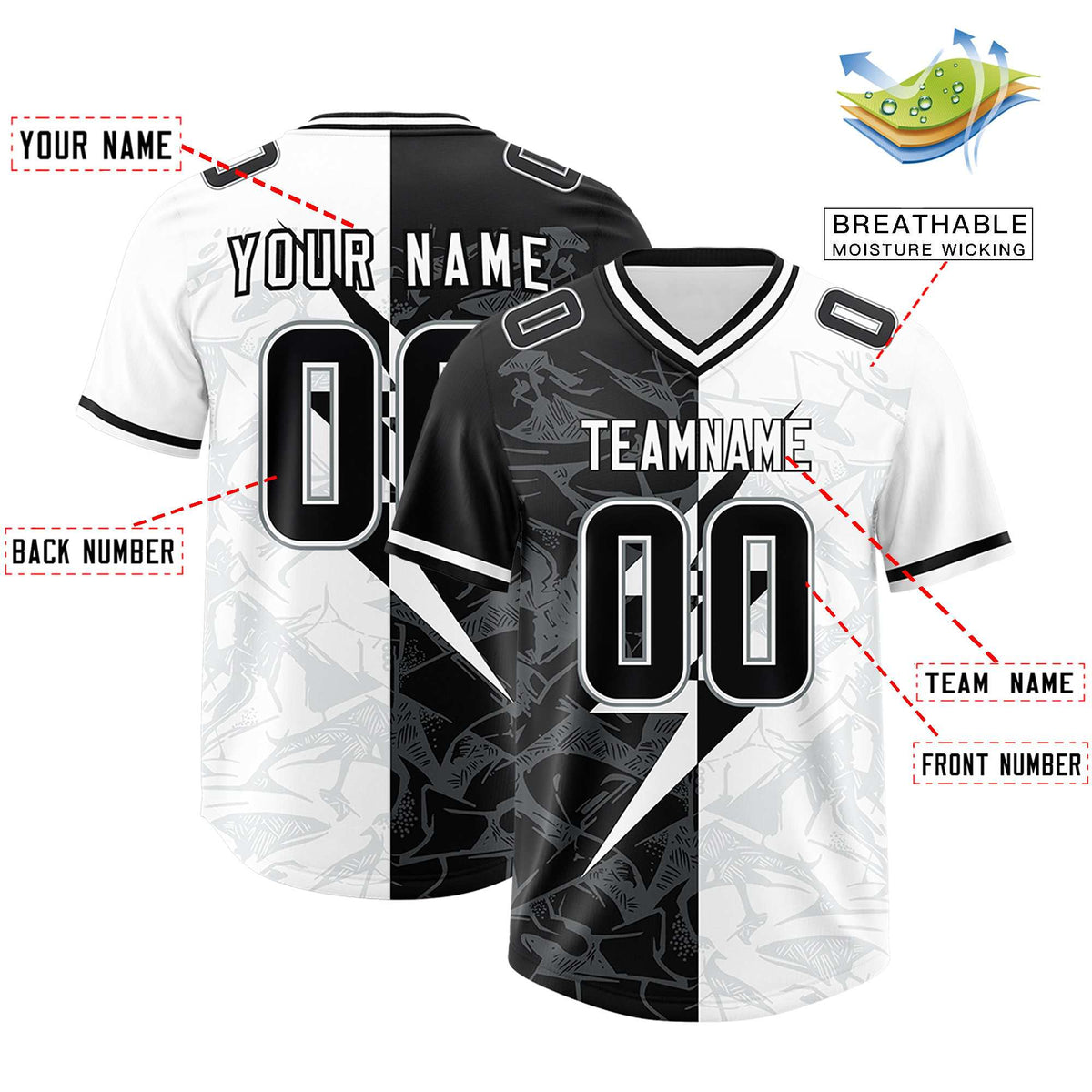 Custom White Black Split Personalized Lightning Pattern American Football Jersey