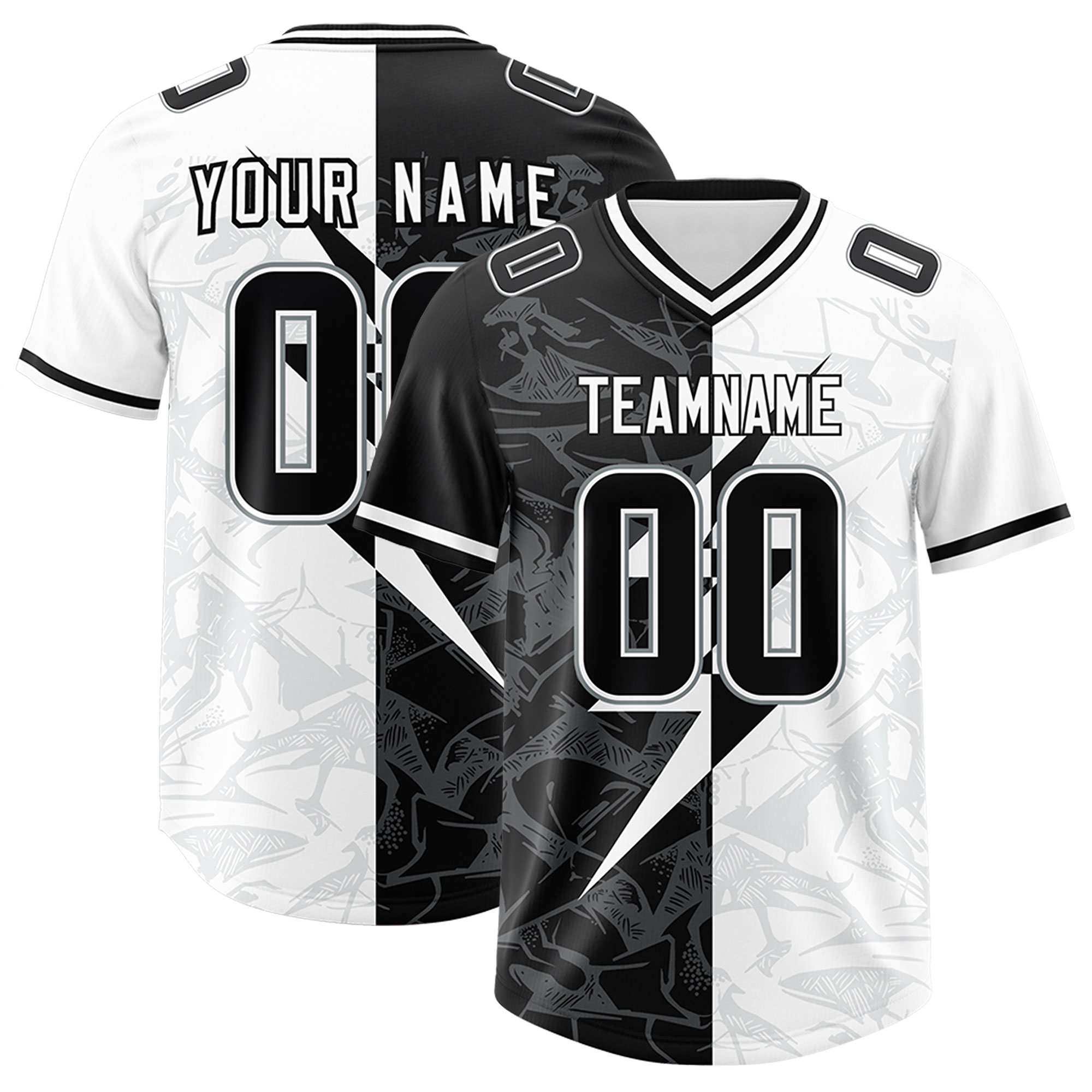 Custom White Black Split Personalized Lightning Pattern American Football Jersey