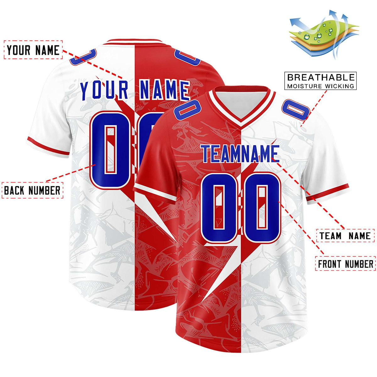 Custom White Red Split Personalized Lightning Pattern American Football Jersey
