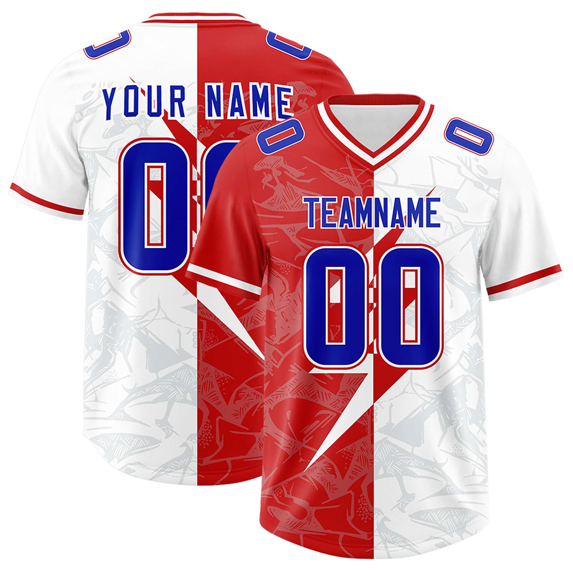 Custom White Red Split Personalized Lightning Pattern American Football Jersey
