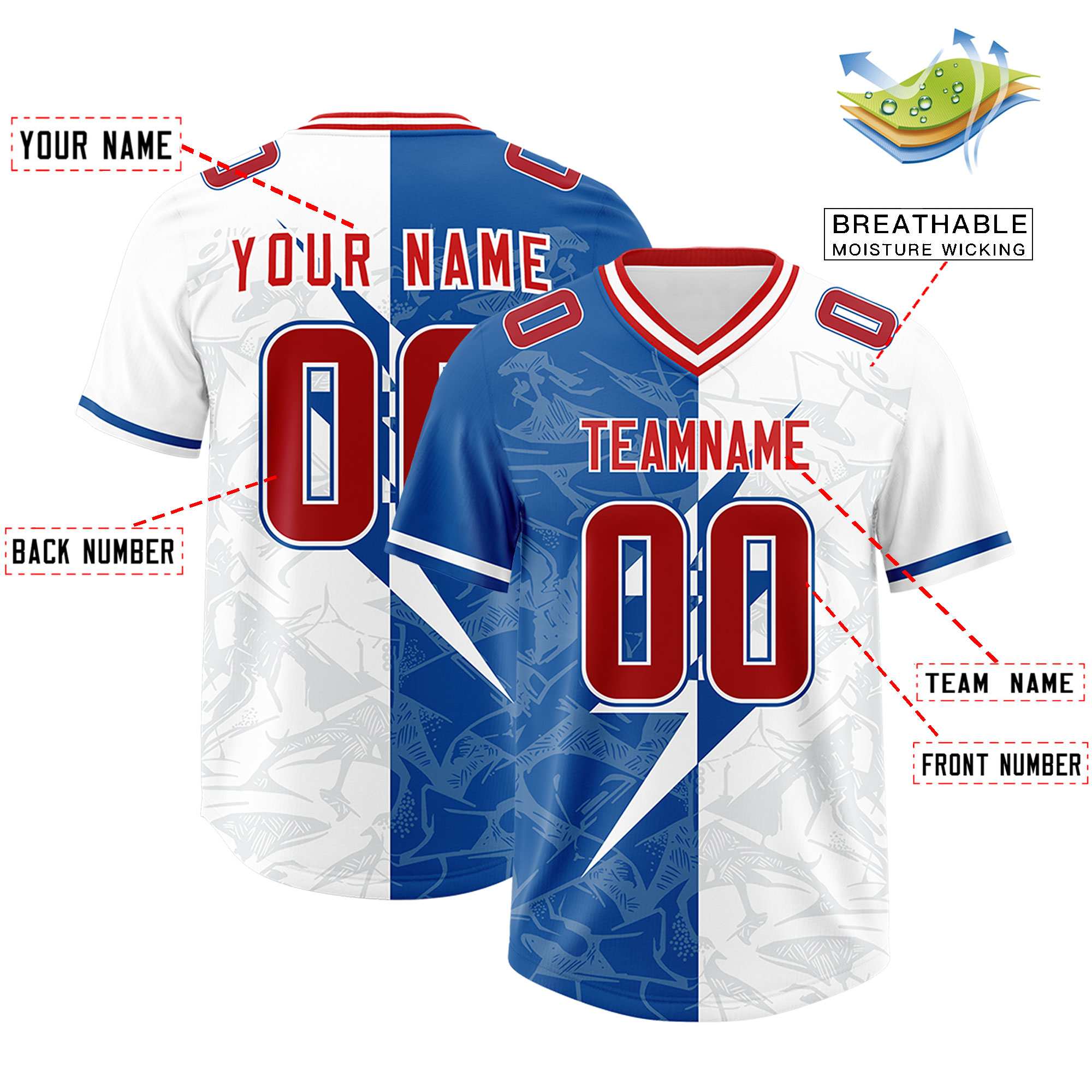 Custom White Royal Split Personalized Lightning Pattern American Football Jersey