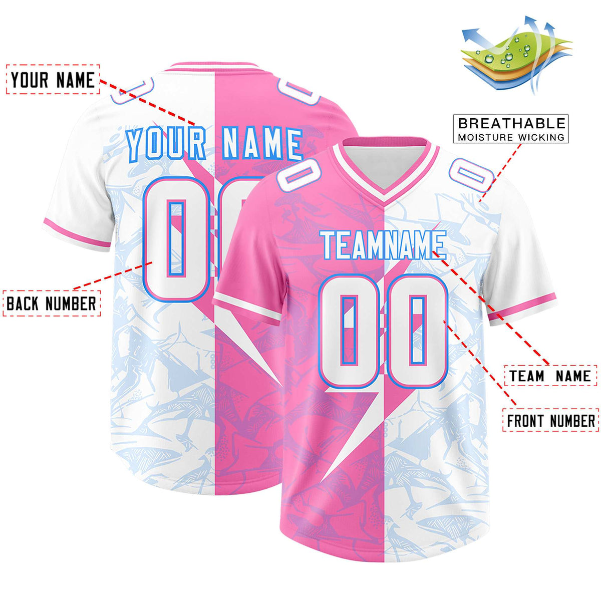 Custom White Pink Split Personalized Lightning Pattern American Football Jersey