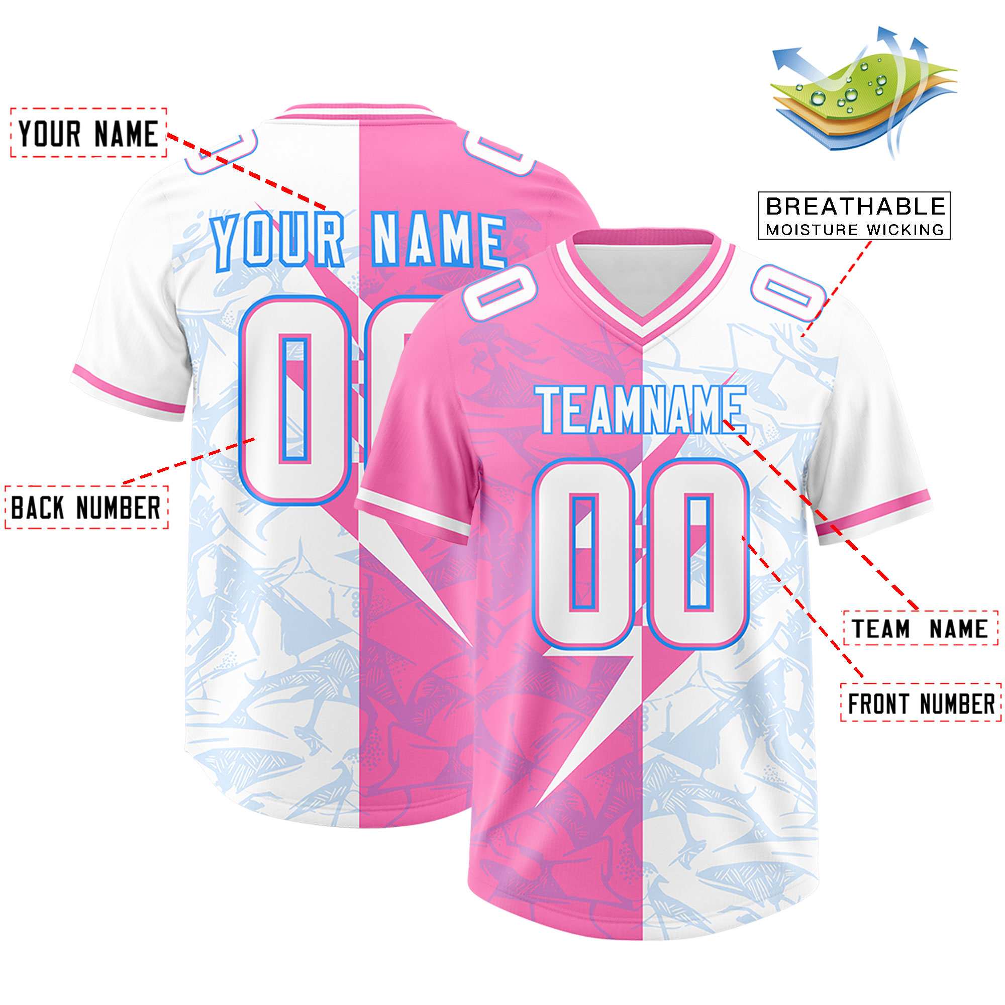 Custom White Pink Split Personalized Lightning Pattern American Football Jersey