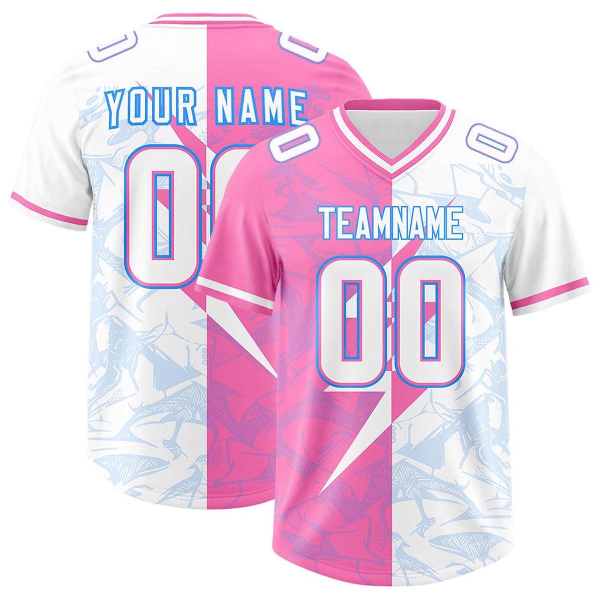 Custom White Pink Split Personalized Lightning Pattern American Football Jersey