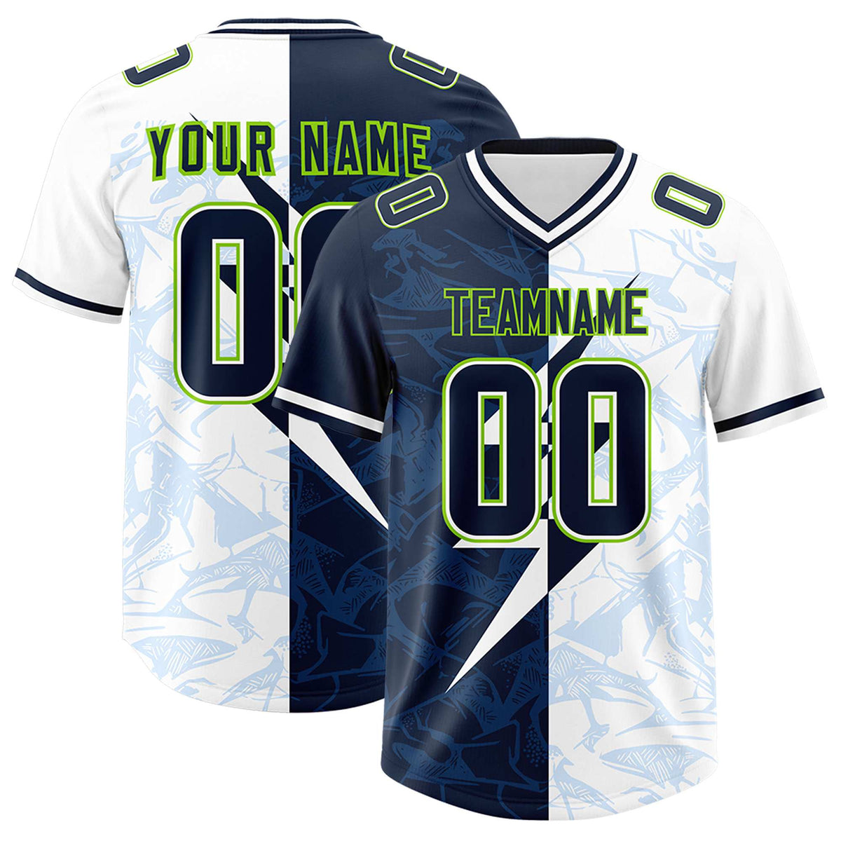Custom White Navy Split Personalized Lightning Pattern American Football Jersey