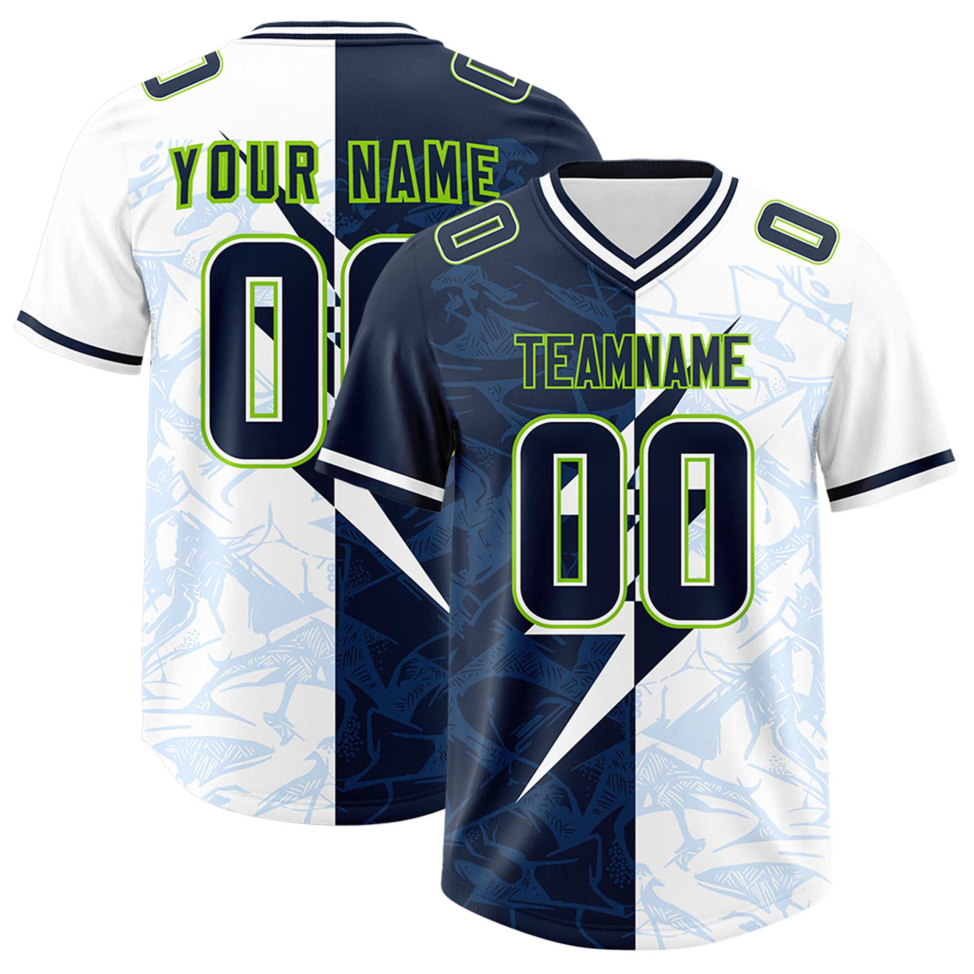 Custom White Navy Split Personalized Lightning Pattern American Football Jersey