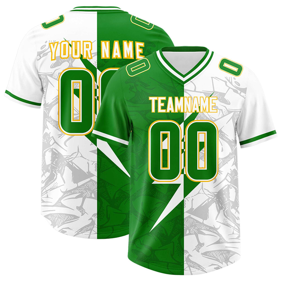 Custom Kelly Green White Split Personalized Lightning Pattern American Football Jersey