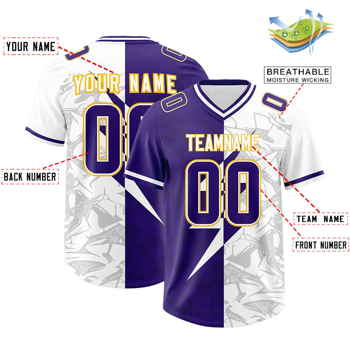 Custom Purple White Split Personalized Lightning Pattern American Football Jersey