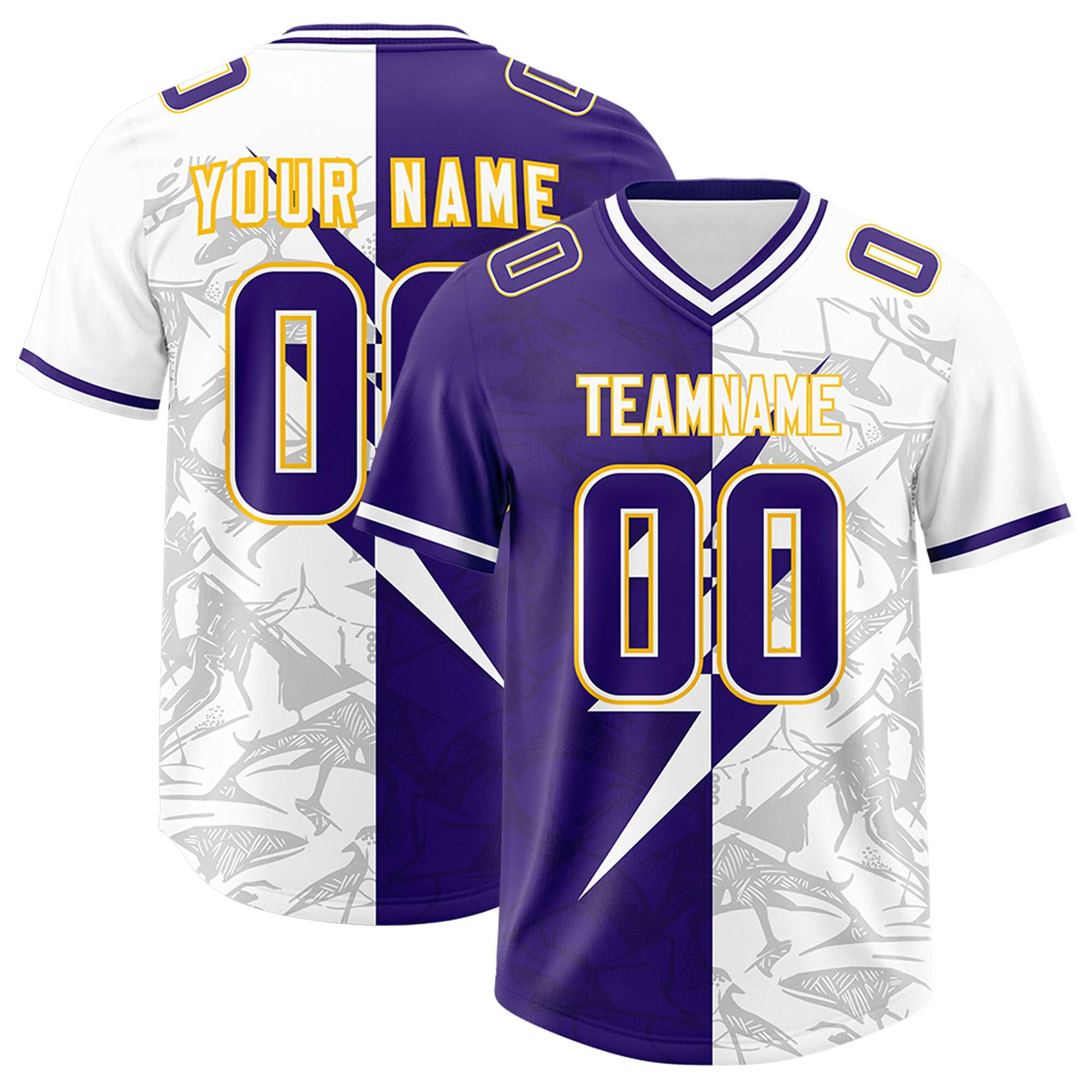 Custom Purple White Split Personalized Lightning Pattern American Football Jersey