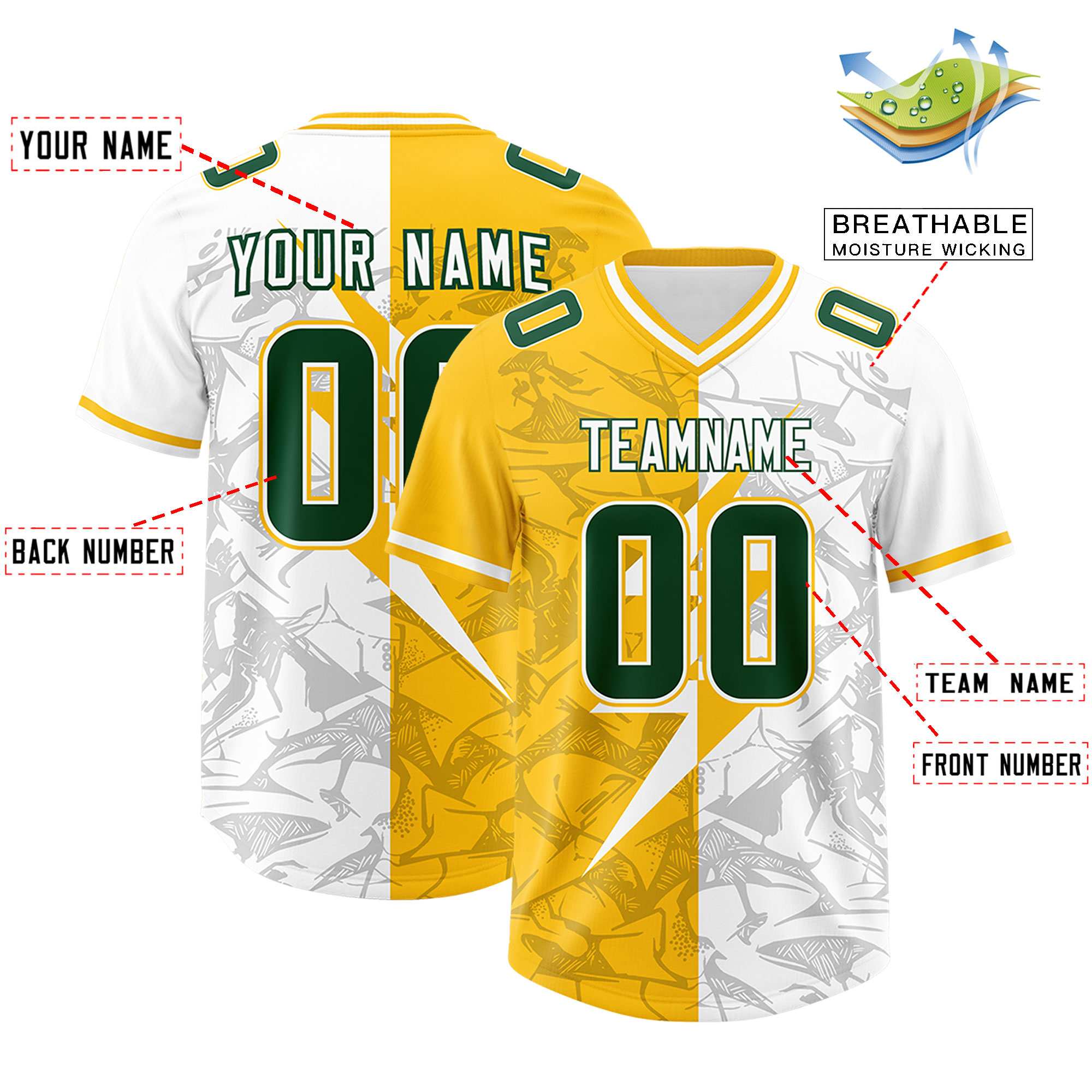 Custom Yellow White Split Personalized Lightning Pattern American Football Jersey