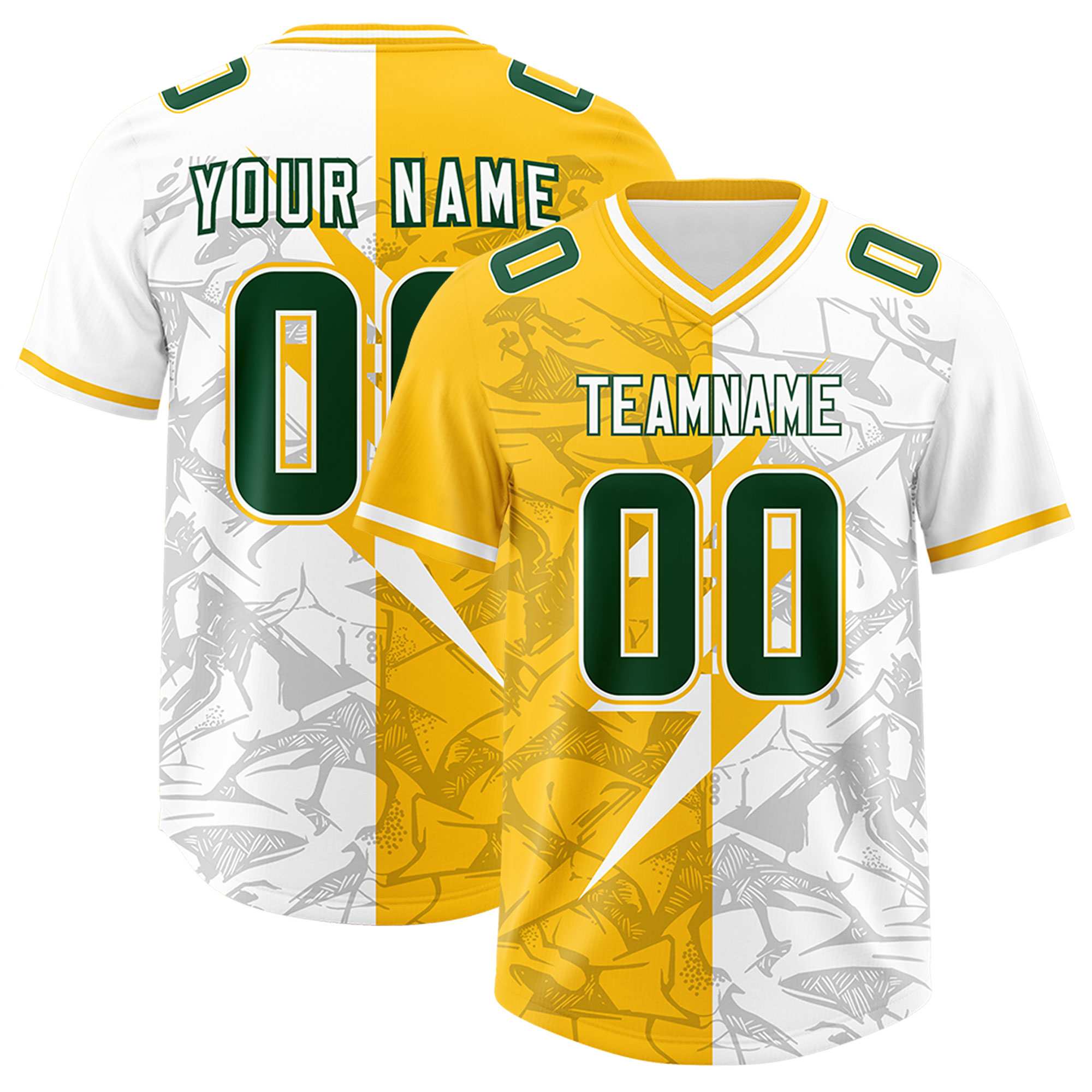 Custom Yellow White Split Personalized Lightning Pattern American Football Jersey
