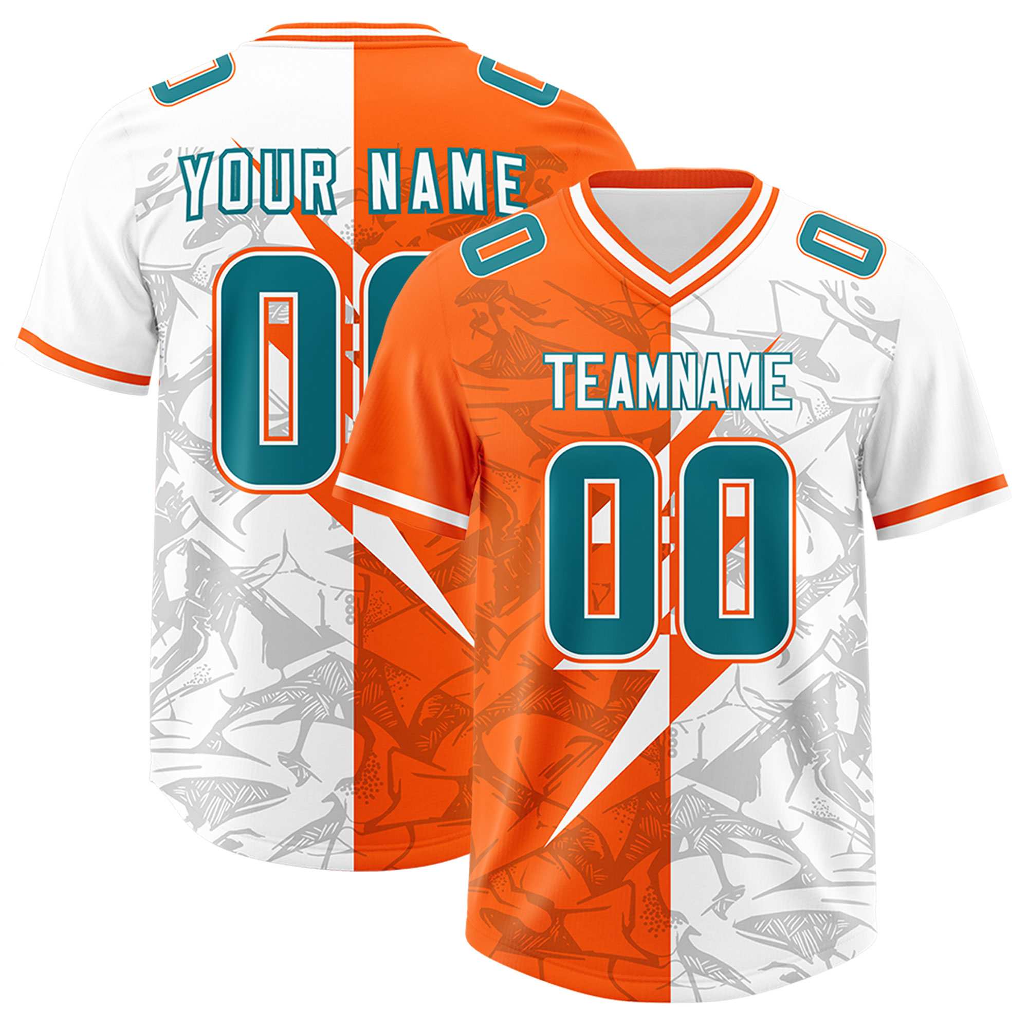 Custom Orange White Split Personalized Lightning Pattern American Football Jersey