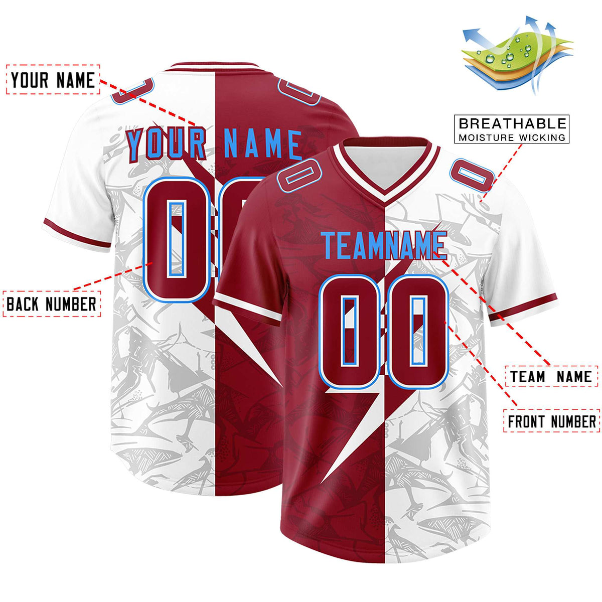Custom Cardinal White Split Personalized Lightning Pattern American Football Jersey
