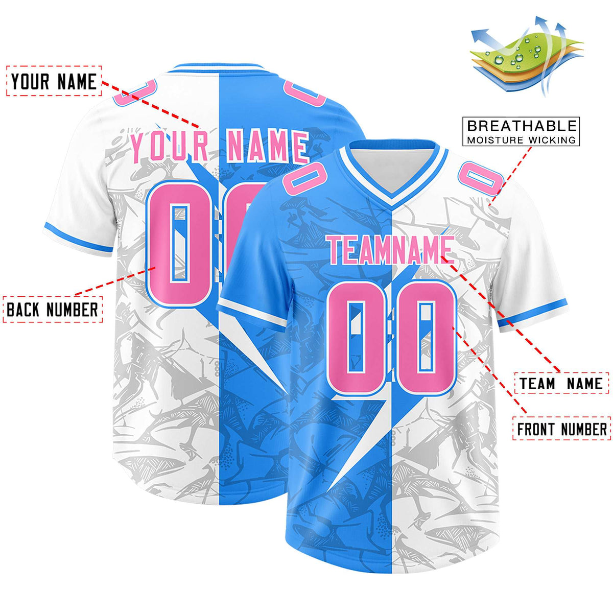 Custom Light Blue White Split Personalized Lightning Pattern American Football Jersey