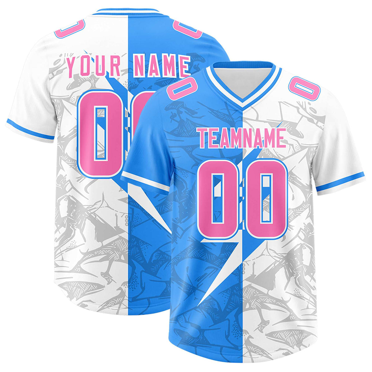 Custom Light Blue White Split Personalized Lightning Pattern American Football Jersey