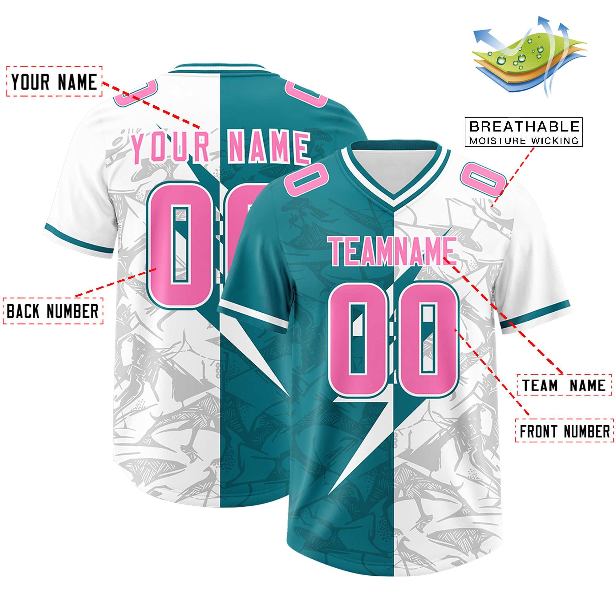 Custom Aqua White Split Personalized Lightning Pattern American Football Jersey