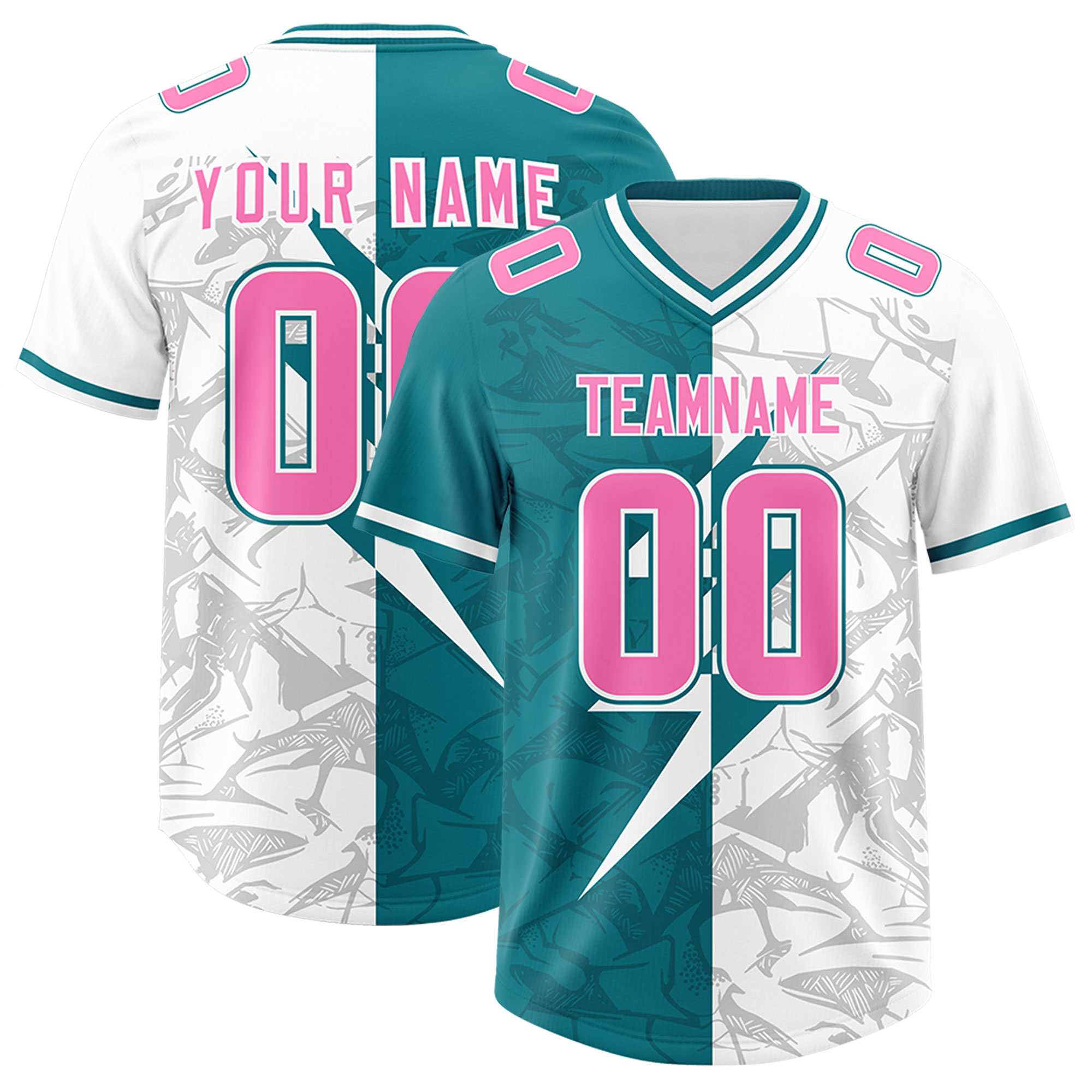 Custom Aqua White Split Personalized Lightning Pattern American Football Jersey