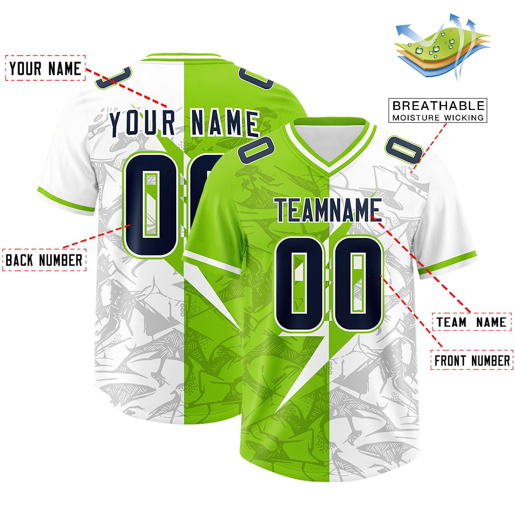 Custom Neon Green White Split Personalized Lightning Pattern American Football Jersey