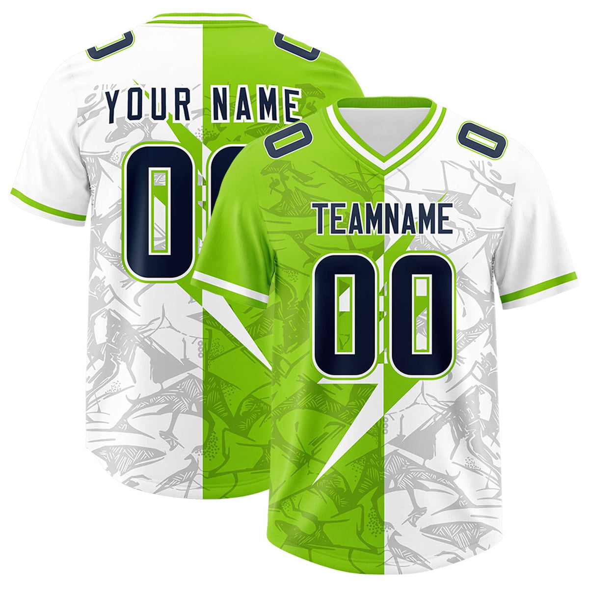 Custom Neon Green White Split Personalized Lightning Pattern American Football Jersey