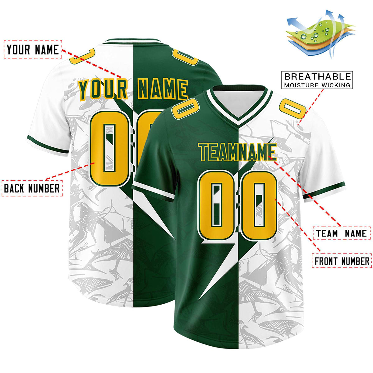 Custom Green White Split Personalized Lightning Pattern American Football Jersey