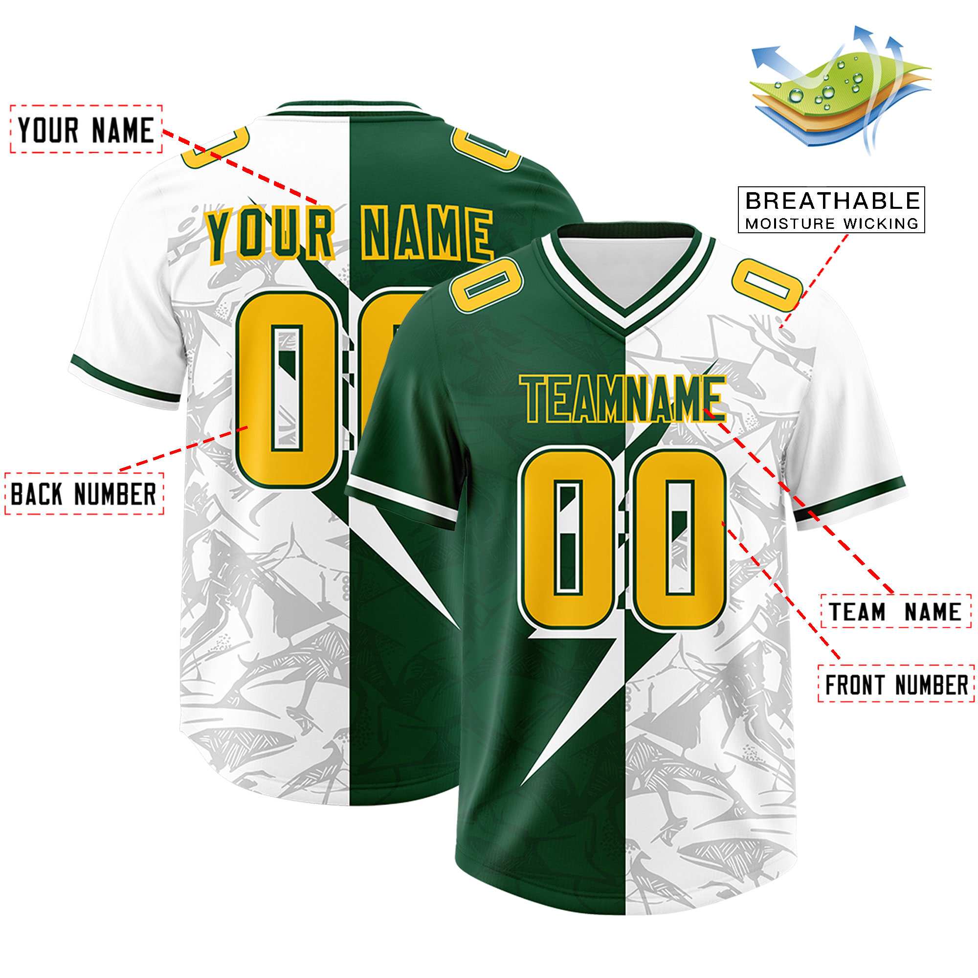 Custom Green White Split Personalized Lightning Pattern American Football Jersey
