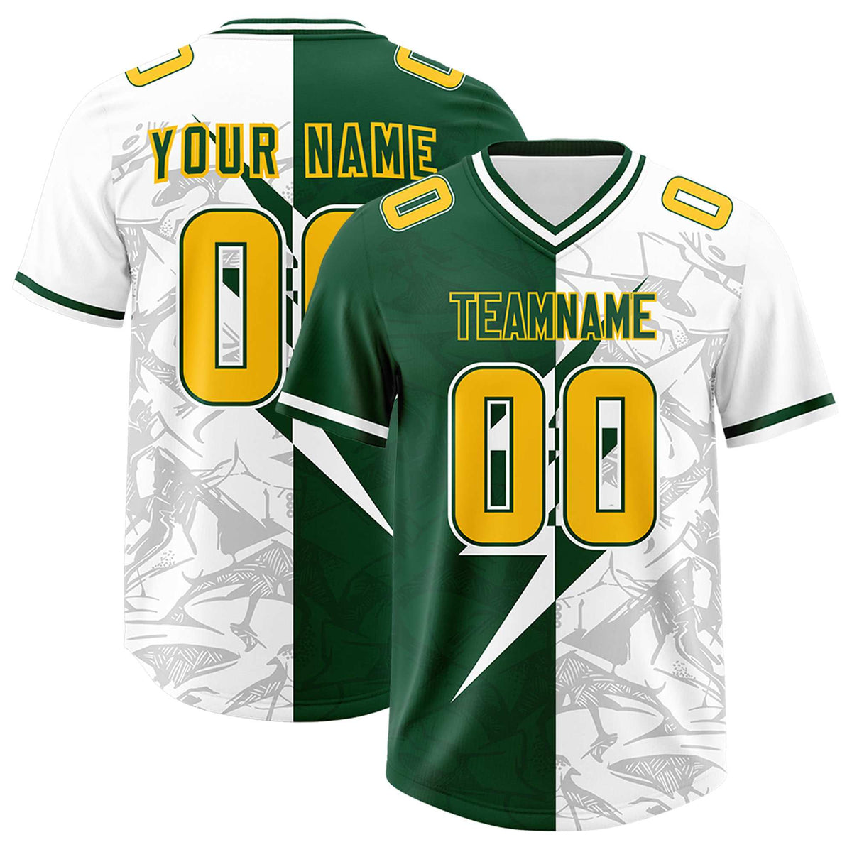 Custom Green White Split Personalized Lightning Pattern American Football Jersey
