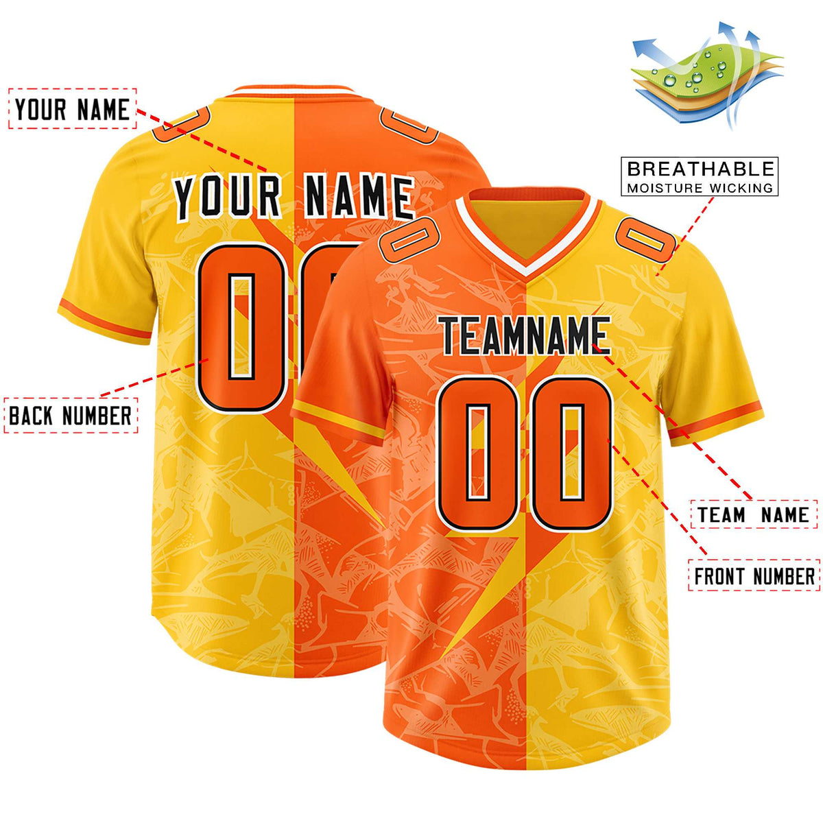 Custom Orange Yellow Split Personalized Lightning Pattern American Football Jersey