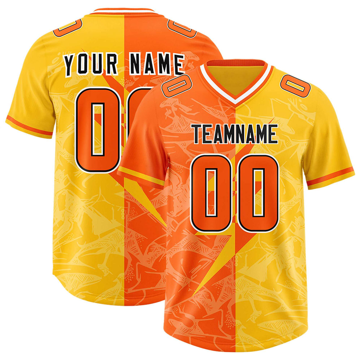 Custom Orange Yellow Split Personalized Lightning Pattern American Football Jersey