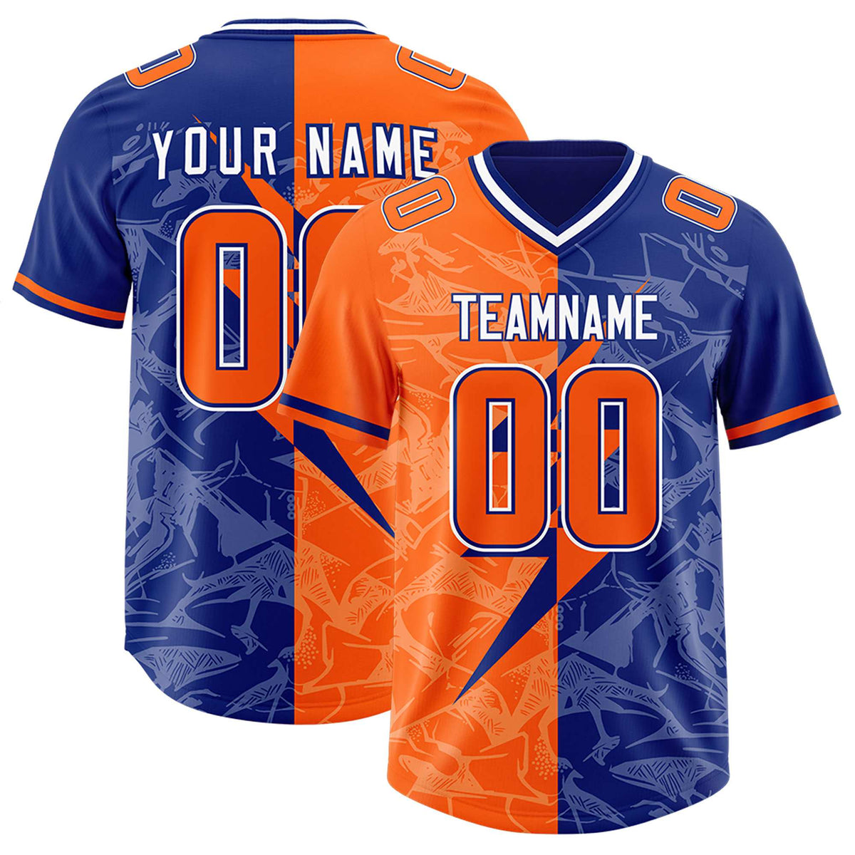 Custom Orange Royal Split Personalized Lightning Pattern American Football Jersey