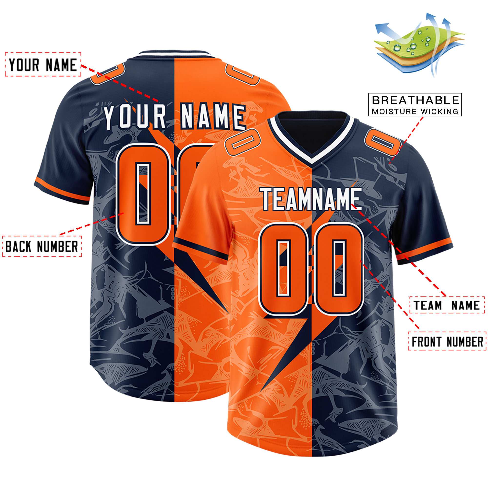 Custom Orange Navy Split Personalized Lightning Pattern American Football Jersey